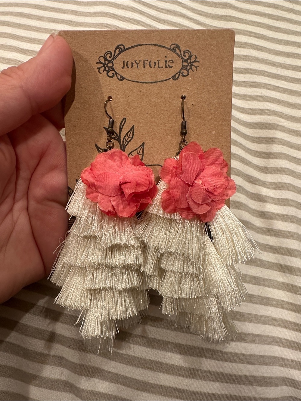 NEW Joyfolie Chandelier Floral Cream Tassel Earrings with Coral Pink Flower